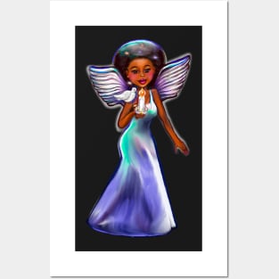 Angel with dove and candle. Black angel of peace ! With glow, Afro hair, brown eyes, Cherry pink lips and dark brown skin. Hair love ! Posters and Art